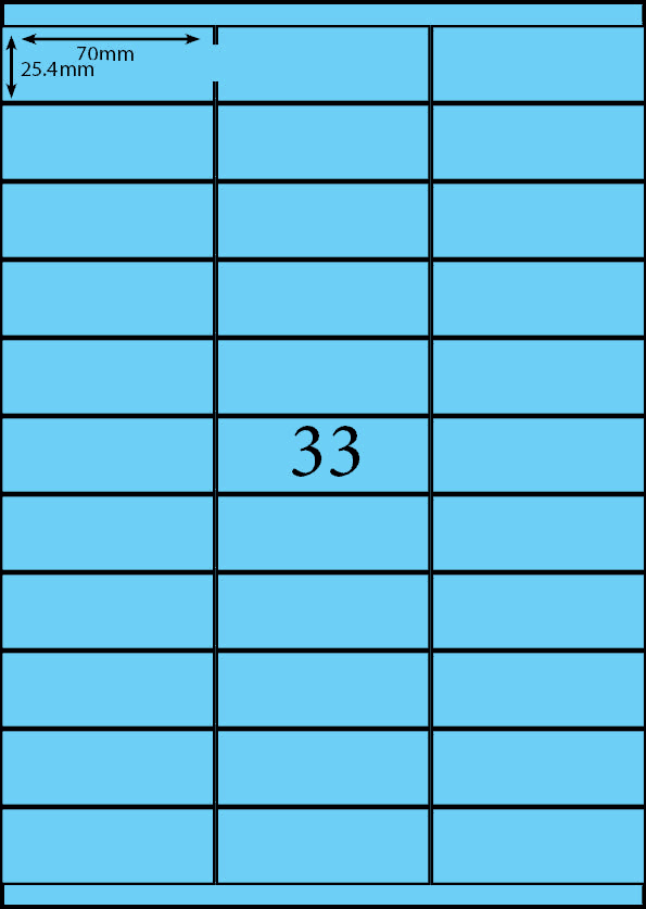70 x 25.4 mm blue A4 sheet label, 33 per sheet, 3 across.
