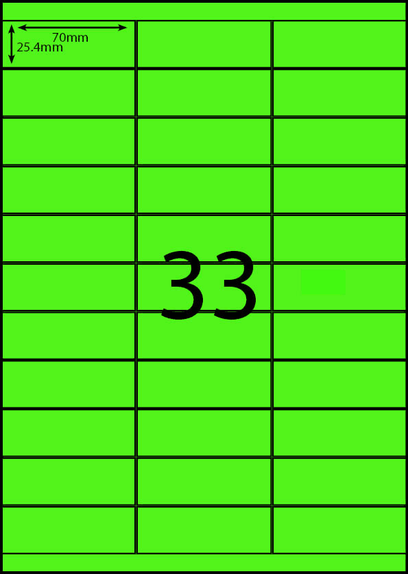 70 x 25.4 mm green A4 sheet label, 33 per sheet, 3 across.