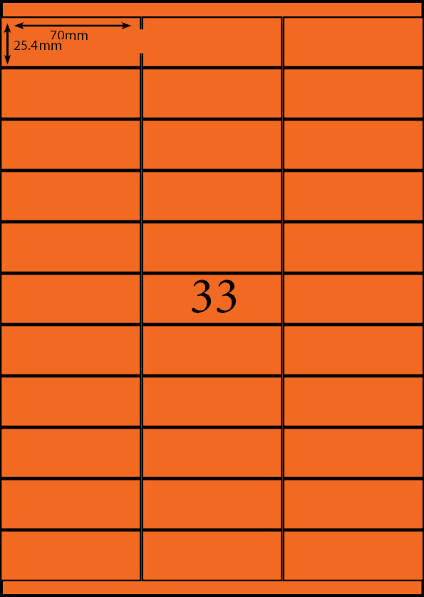 70 x 25.4 mm orange A4 sheet label, 33 per sheet, 3 across.