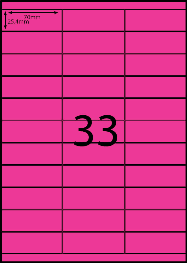 70 x 25.4 mm pink A4 sheet label, 33 per sheet, 3 across.