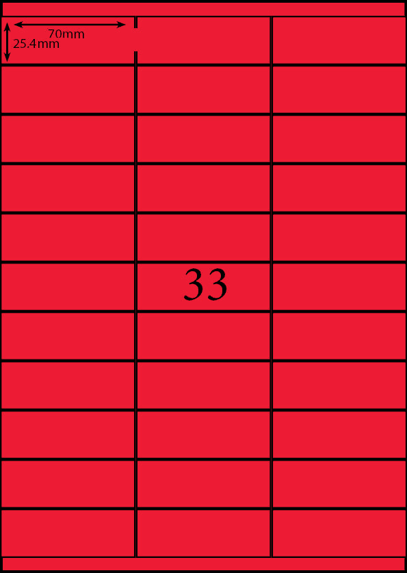 70 x 25.4 mm red A4 sheet label, 33 per sheet, 3 across.