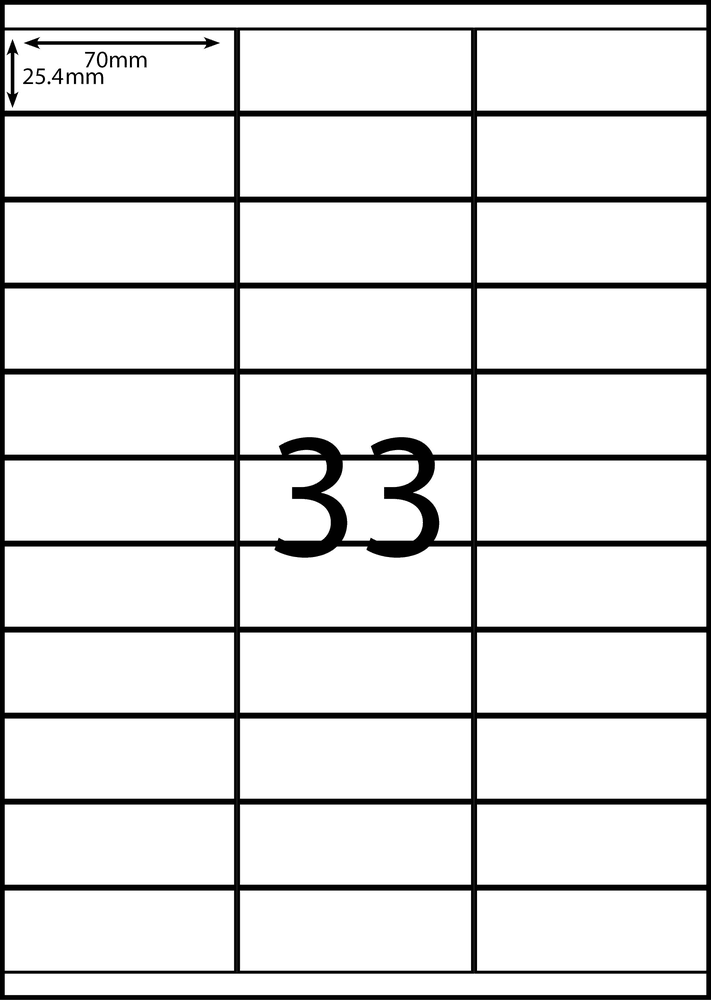 70 x 25.4 mm white A4 sheet label, 33 per sheet, 3 across.