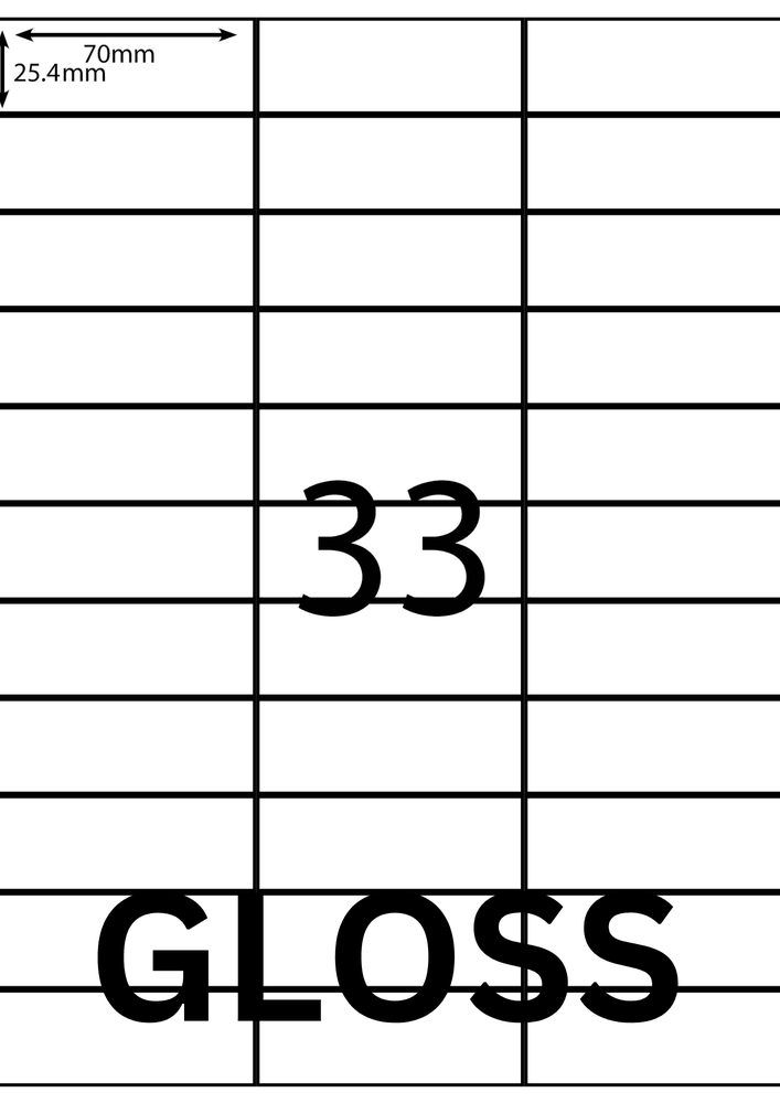 70 x 25.4 mm white A4 sheet label, 33 per sheet, 3 across.