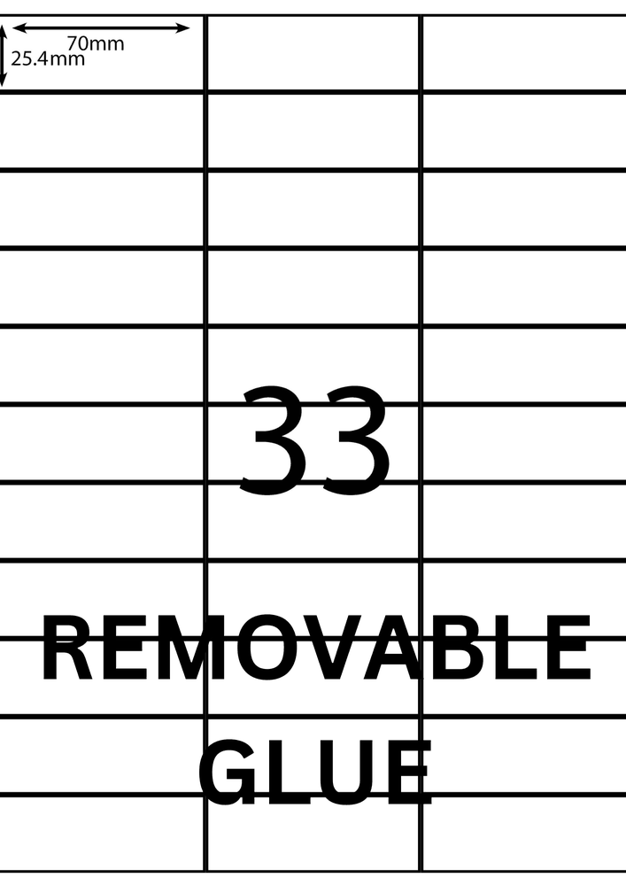 70 x 25.4 mm white A4 sheet label, 33 per sheet, 3 across.