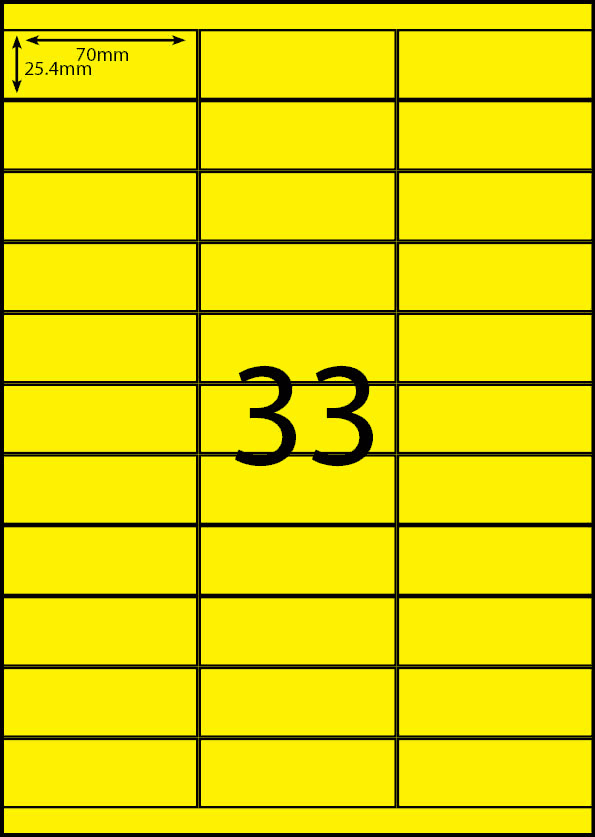 70 x 25.4 mm yellow A4 sheet label, 33 per sheet, 3 across.