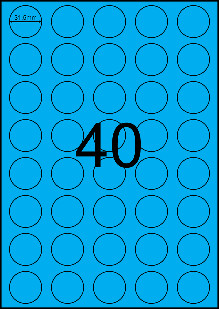31.5 mm round blue A4 sheet label, 40 per sheet, 5 across.