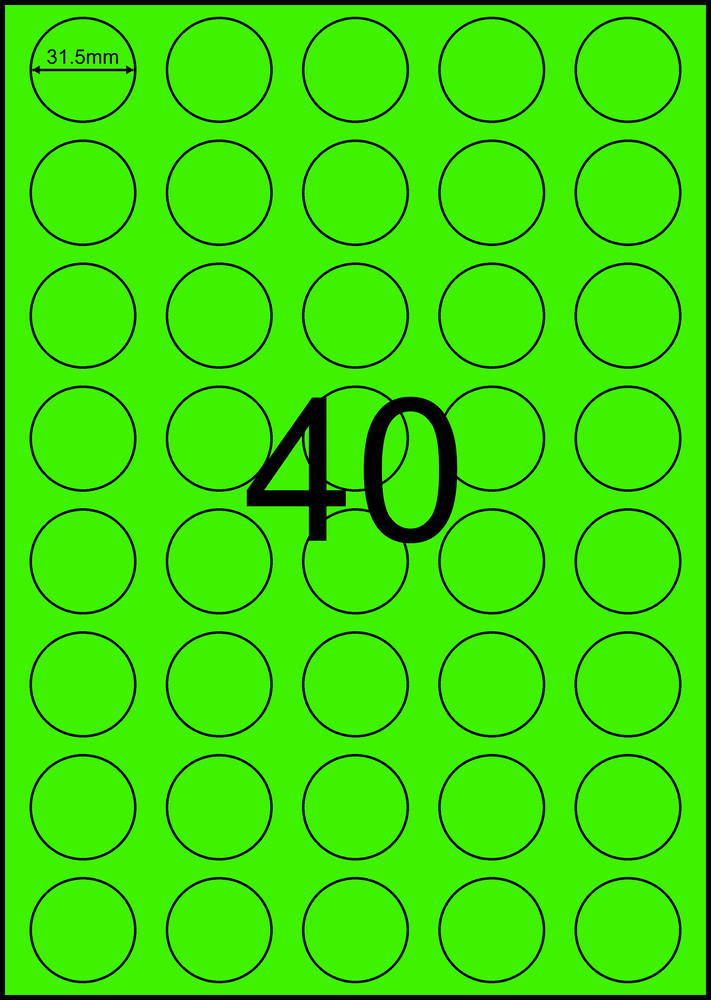 31.5 mm round green A4 sheet label, 40 per sheet, 5 across.