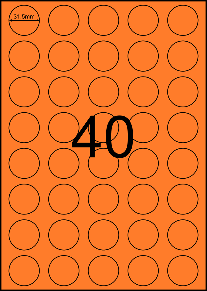 31.5 mm round orange A4 sheet label, 40 per sheet, 5 across.