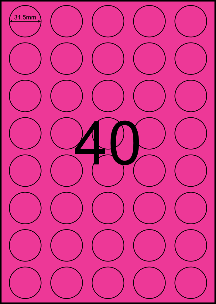 31.5 mm round pink A4 sheet label, 40 per sheet, 5 across.