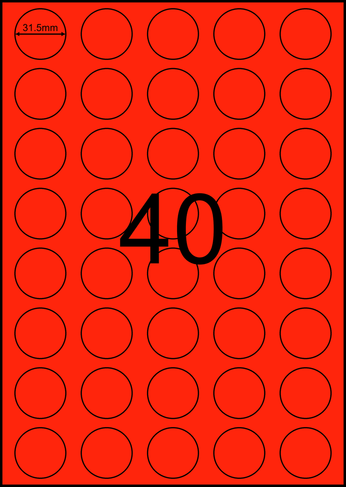 31.5 mm round red A4 sheet label, 40 per sheet, 5 across.