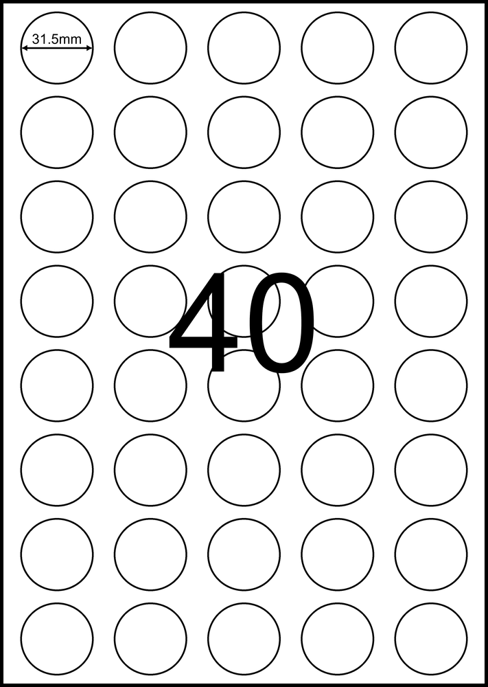 31.5 mm round white A4 sheet label, 40 per sheet, 5 across.