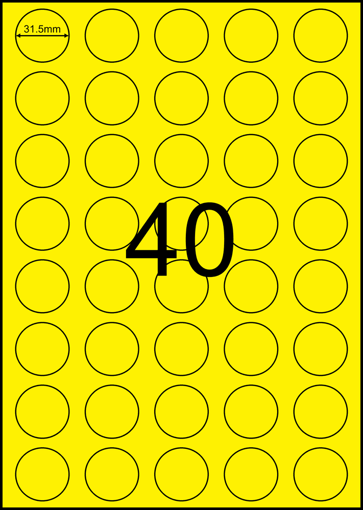 31.5 mm round yellow A4 sheet label, 40 per sheet, 5 across.
