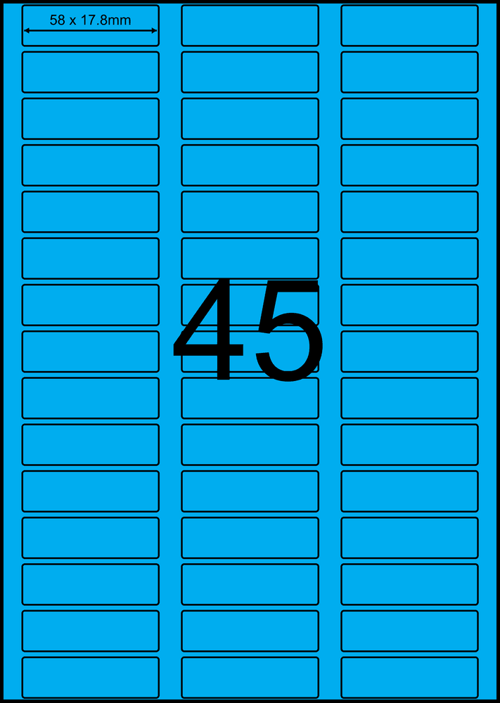 58 x 17.8 mm blue A4 sheet label, 45 per sheet, 3 across.