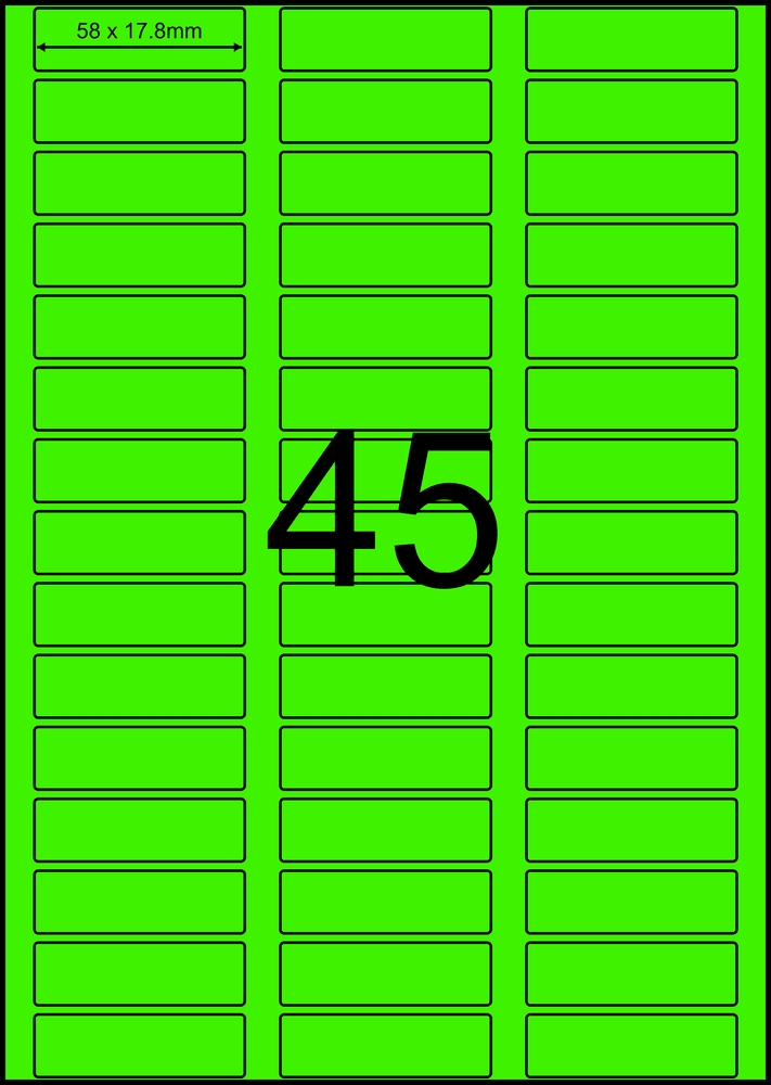 58 x 17.8 mm green A4 sheet label, 45 per sheet, 3 across.