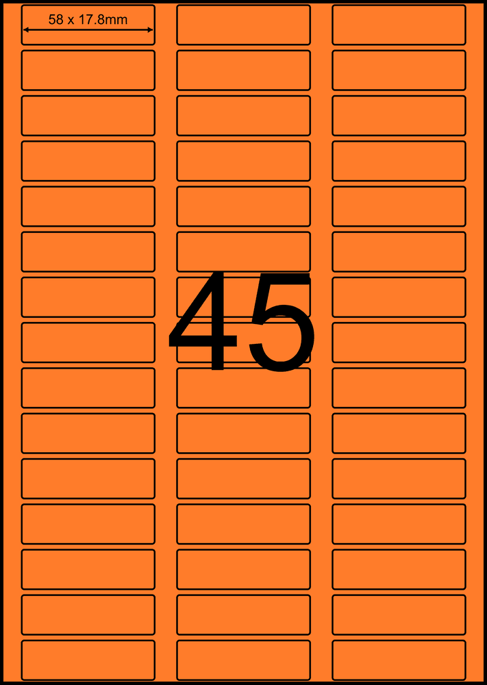 58 x 17.8 mm orange A4 sheet label, 45 per sheet, 3 across.