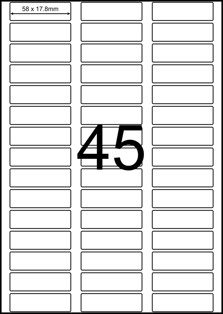 58 x 17.8 mm white A4 sheet label, 45 per sheet, 3 across.