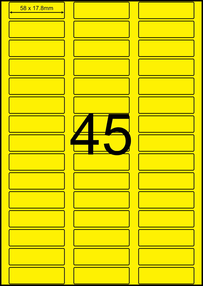 58 x 17.8 mm yellow A4 sheet label, 45 per sheet, 3 across.