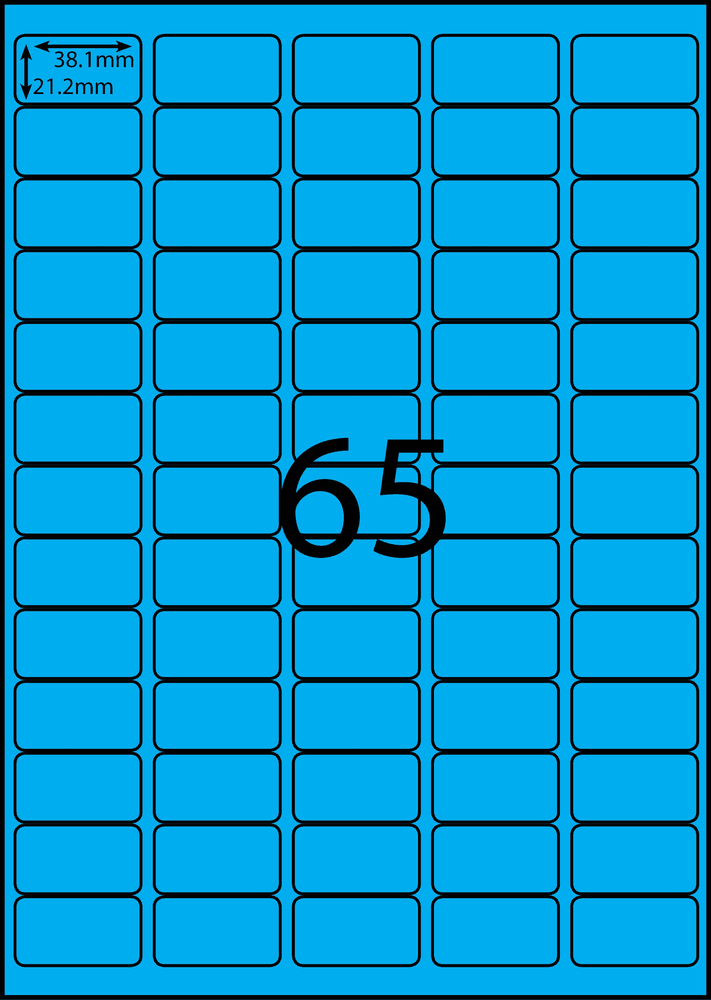 37.8 x 21.2 mm blue A4 sheet label, 65 per sheet, 5 across.