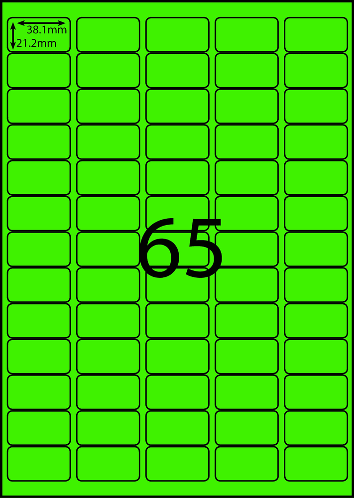 37.8 x 21.2 mm green A4 sheet label, 65 per sheet, 5 across.