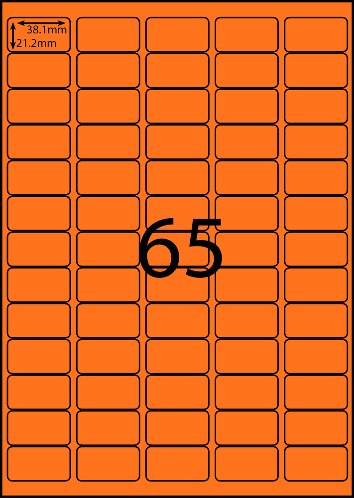 37.8 x 21.2 mm orange A4 sheet label, 65 per sheet, 5 across.