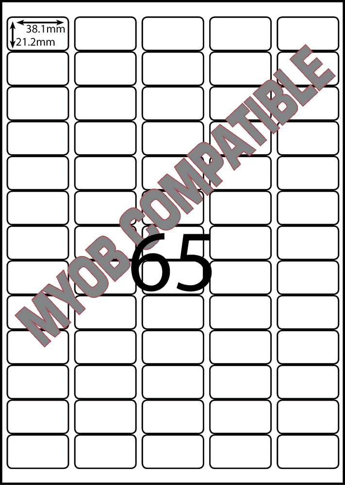 37.8 x 21.2 mm white A4 sheet label, 65 per sheet, 5 across.