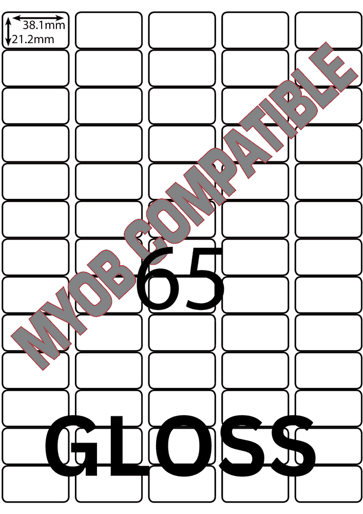 37.8 x 21.2 mm white A4 sheet label, 65 per sheet, 5 across.