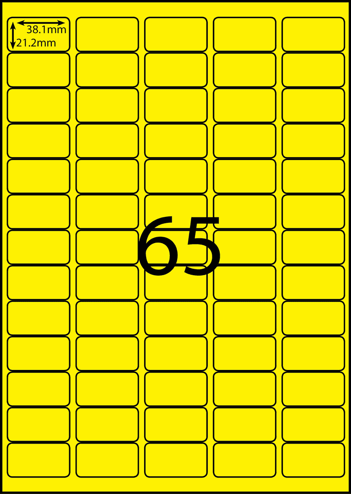 37.8 x 21.2 mm yellow A4 sheet label, 65 per sheet, 5 across.