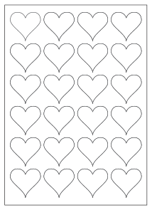 A4 sheet of heart labels, 45 x 41 mm, 24 per sheet.