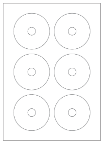 A4 sheet of cd and dvd labels, 78 x 78 mm, 6 per sheet.