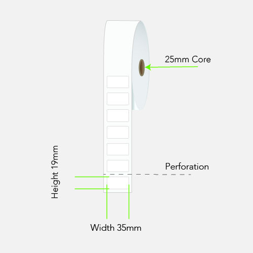 35 by 19 mm white label on a 25 mm core, 750 per roll, no ribbon needed.
