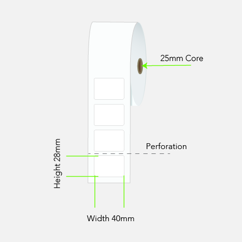 40 by 28 mm white label on a 25 mm core, 2,000 per roll, printed with a ribbon.