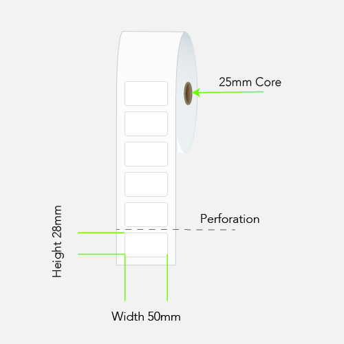 50 by 28 mm white label on a 25 mm core, 2,000 per roll, no ribbon needed.