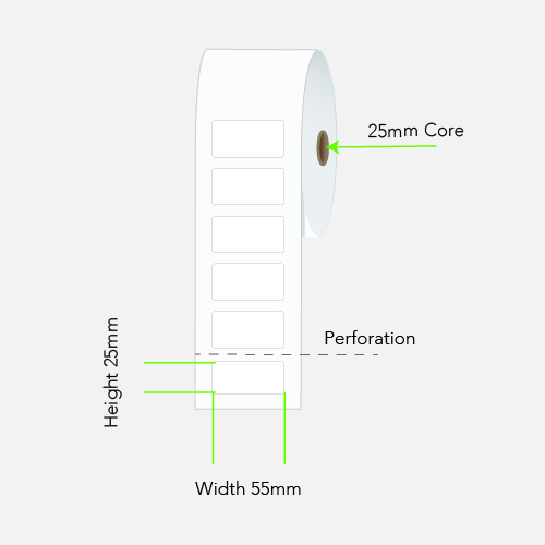 55 by 25 mm white label on a 25 mm core, 2,000 per roll, no ribbon needed.