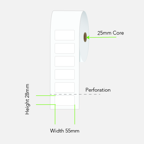 55 by 28 mm white label on a 25 mm core, 500 per roll, no ribbon needed.