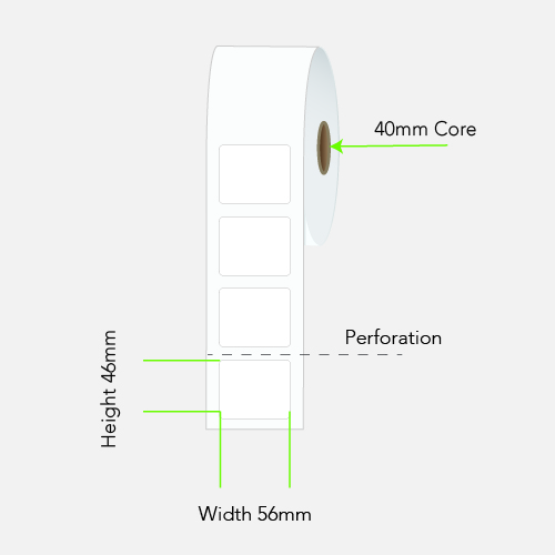 56 by 46 mm white label on a 40 mm core, 675 per roll, no ribbon needed.