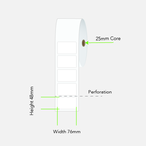 76 by 48 mm white label on a 25 mm core, 1,000 per roll, no ribbon needed.