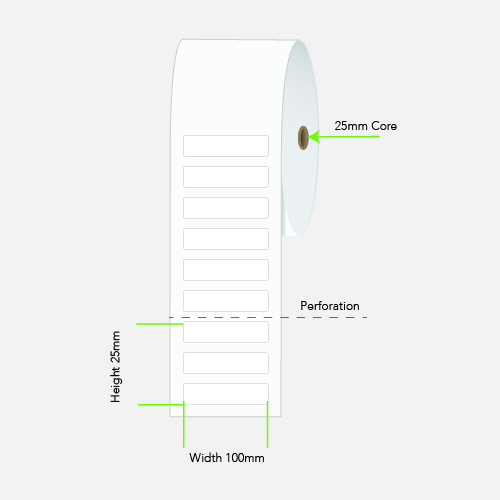 100 by 25 mm white label on a 25 mm core, 2,000 per roll, no ribbon needed.