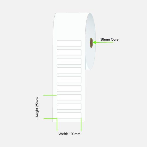 100 by 25 mm white label on a 38 mm core, 2,000 per roll, no ribbon needed.