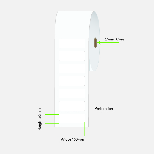 100 by 36 mm white label on a 25 mm core, 750 per roll, printed with a ribbon.