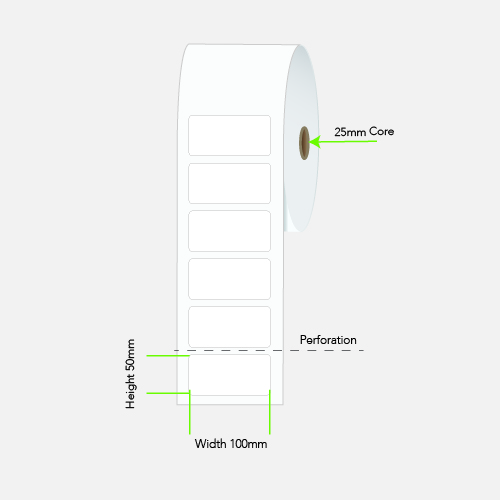 100 by 50 mm white label on a 25 mm core, 1,000 per roll, no ribbon needed.