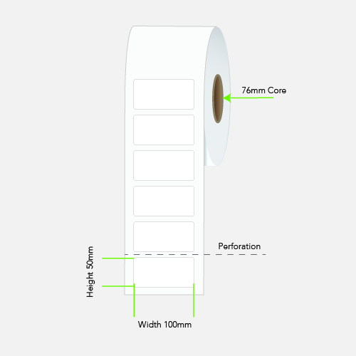100 by 50 mm white label on a 76 mm core, 2,500 per roll, printed with a ribbon.