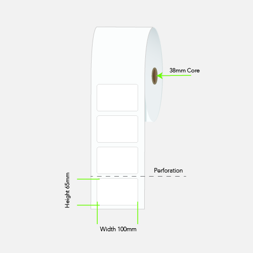 100 by 65 mm white label on a 38 mm core, 800 per roll, no ribbon needed.
