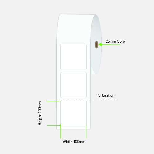 100 by 100 mm white label on a 25 mm core, 400 per roll, no ribbon needed.