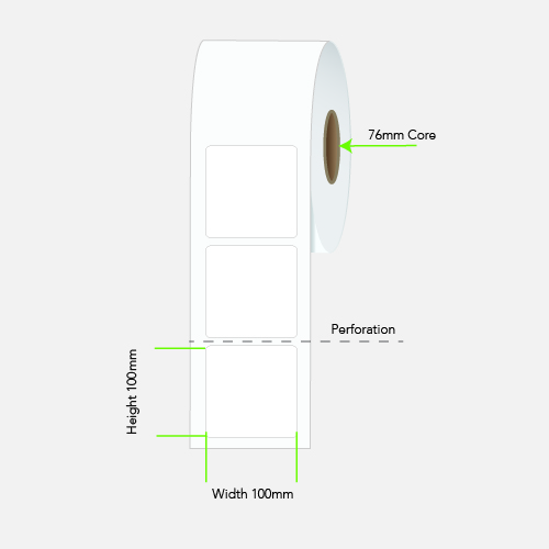 100 by 100 mm white label on a 76 mm core, 1,500 per roll, no ribbon needed.