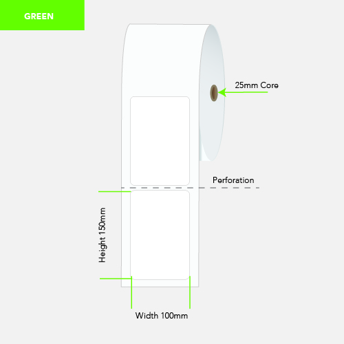 100 by 150 mm green label on a 25 mm core, 400 per roll, no ribbon needed.