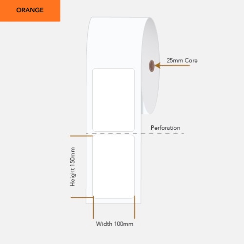 100 by 150 mm orange label on a 25 mm core, 400 per roll, no ribbon needed.
