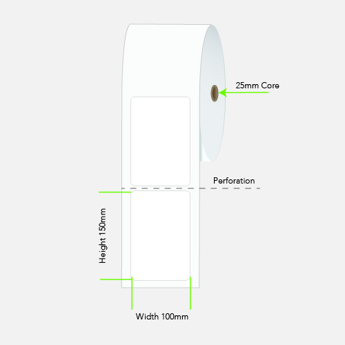 100 by 150 mm white label on a 25 mm core, 400 per roll, no ribbon needed.