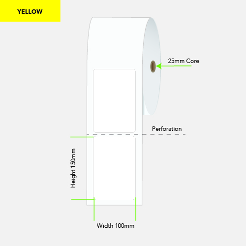 100 by 150 mm yellow label on a 25 mm core, 400 per roll, no ribbon needed.