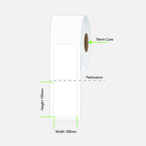 100 by 150 mm white label on a 76 mm core, 1,000 per roll, no ribbon needed.