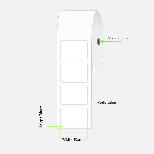 102 by 74 mm white label on a 25 mm core, 750 per roll, no ribbon needed.